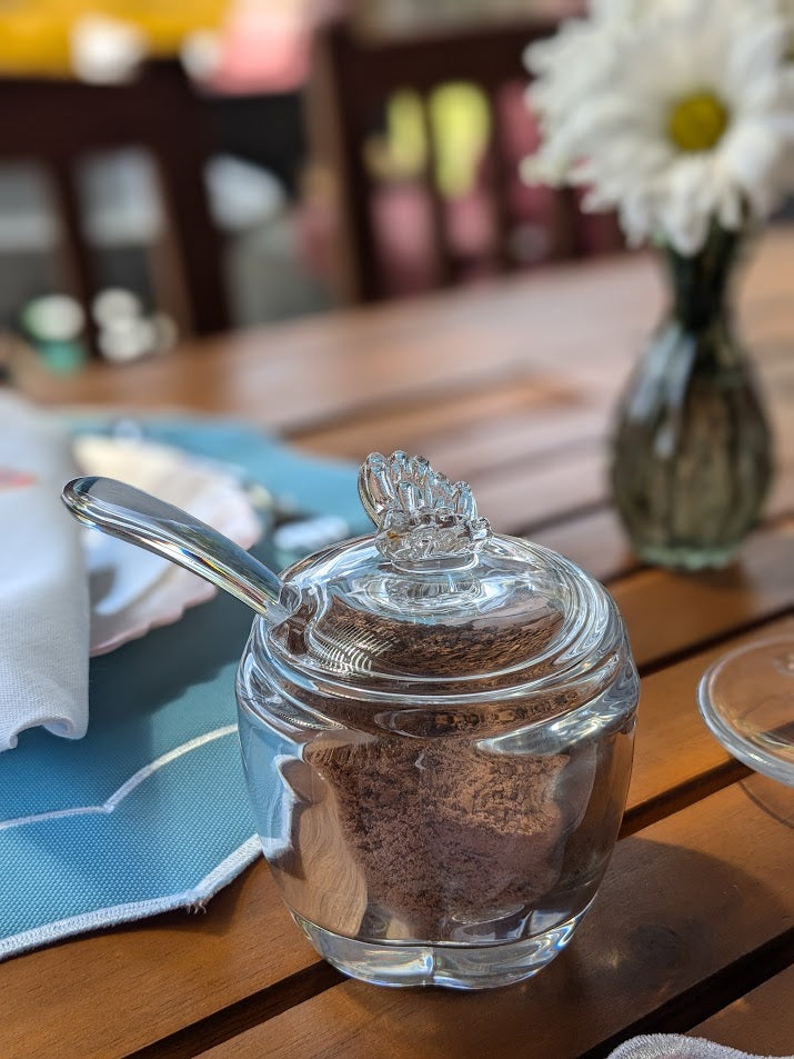 Glass Sugar Bowl with Butterfly Lid and Spoon